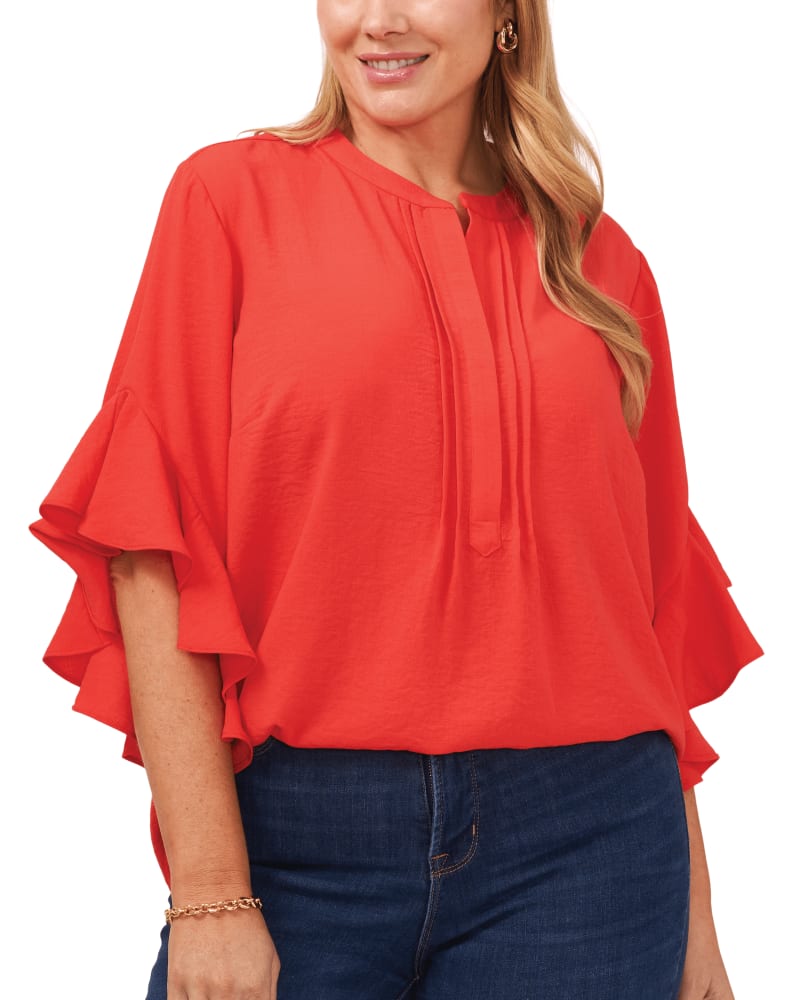 Front of a model wearing a size 1X Aubrey Ruffle Sleeve Blouse in RADIENT RED by Vince Camuto. | dia_product_style_image_id:261023